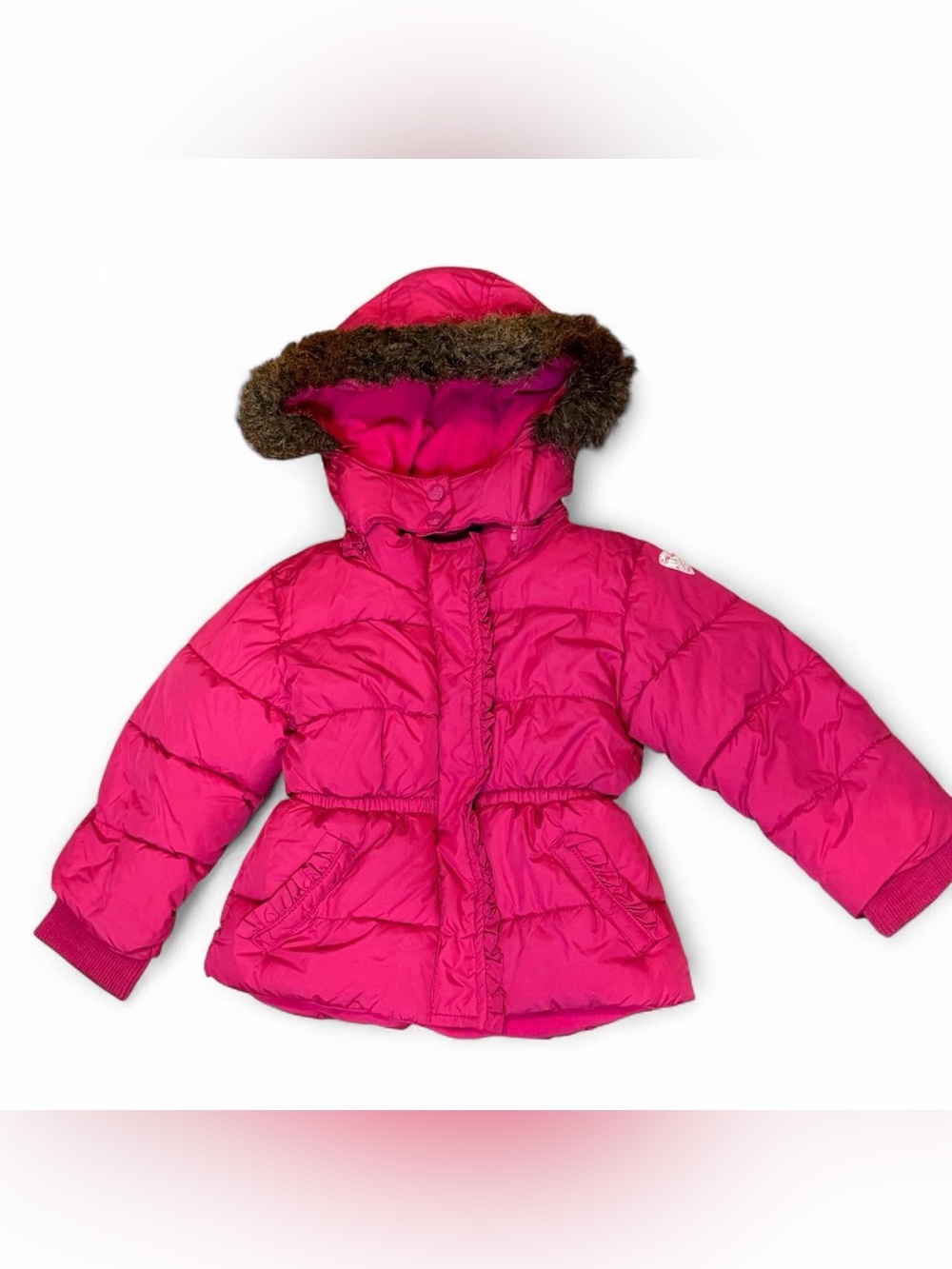 GAP Girls Hot Pink Hooded Puffer Jacket with Faux Fur Trim 3T